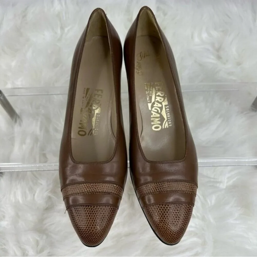 Salvatore Ferragamo Brown Leather Lizard‎ Cap Toe Pumps Block Heel 6.5 B Italy